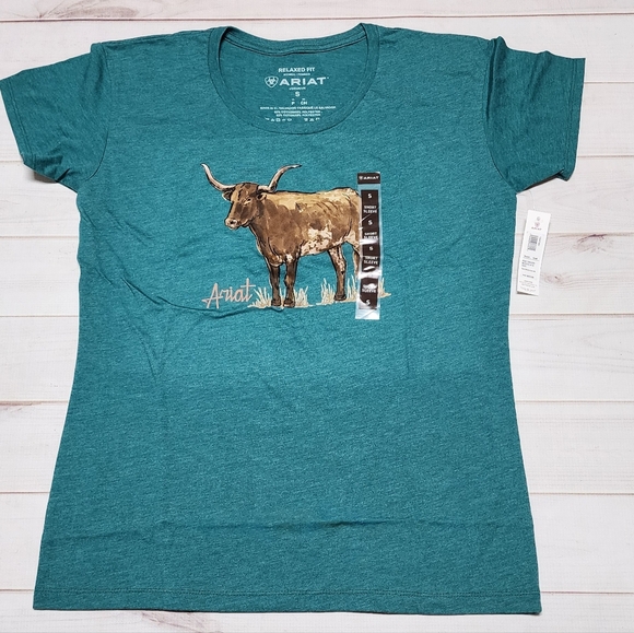 NWT Ariat Longhorn Watercolor Short Sleeve Teal Green T-Shirt Size Small / Large - Picture 3 of 11